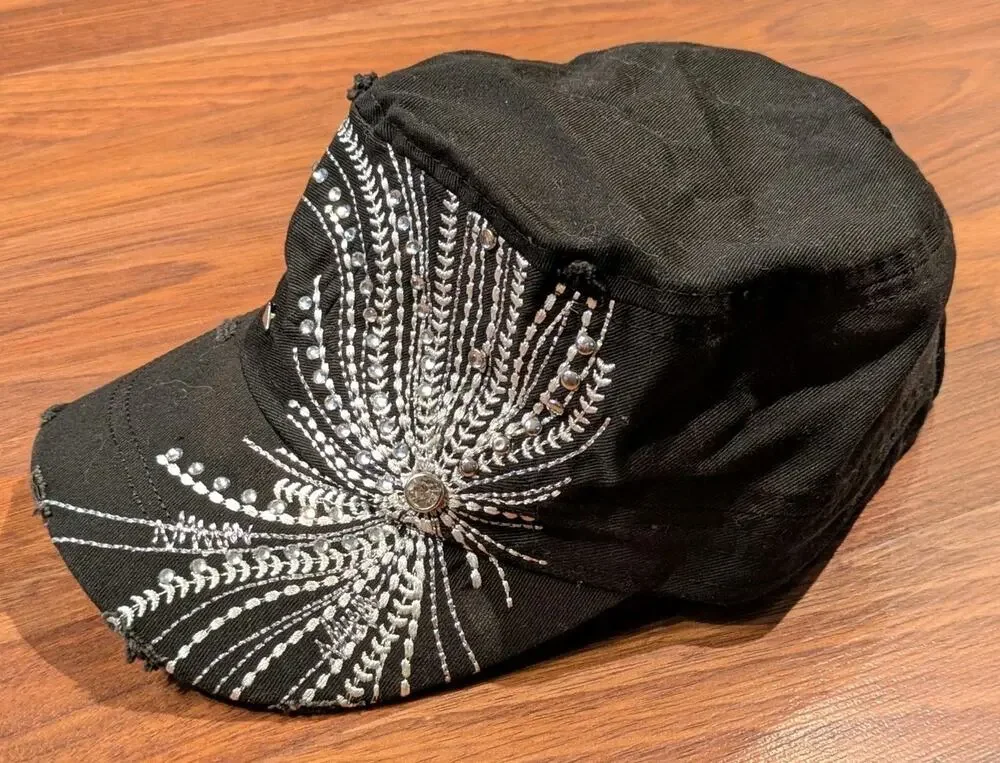 Y2K BKE Headwear Black Rhinestone Military Cadet Hat Distressed Western Biker